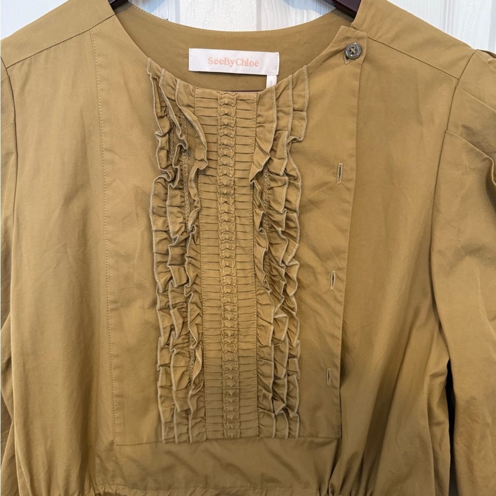 SEE BY CHLOÉ Khaki Puff-shoulder Cinched-waist Tie Ruffle Dress Size 8 - Picture 5 of 6
